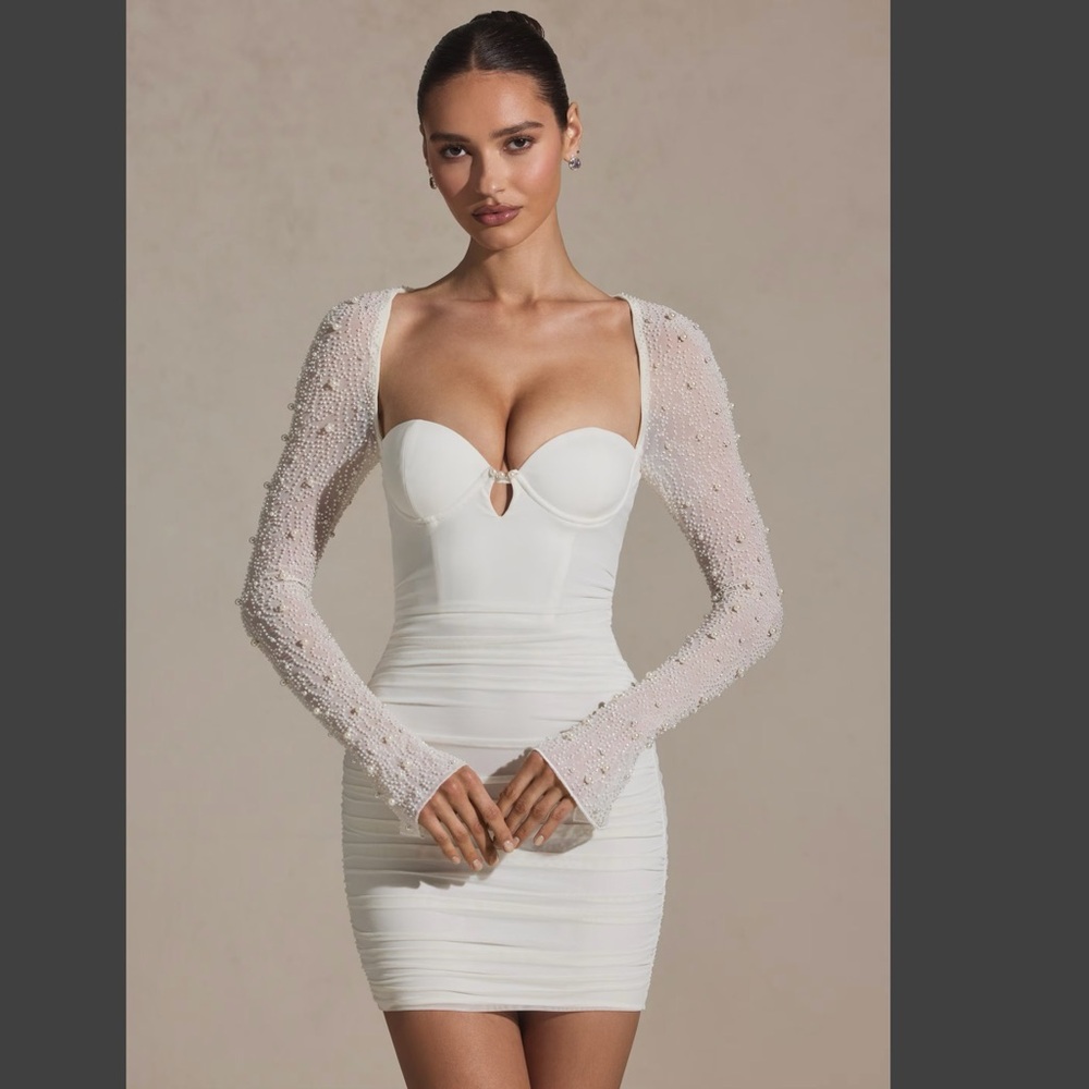 Oh Polly St. Germain Dress White w Beaded Sleeeves